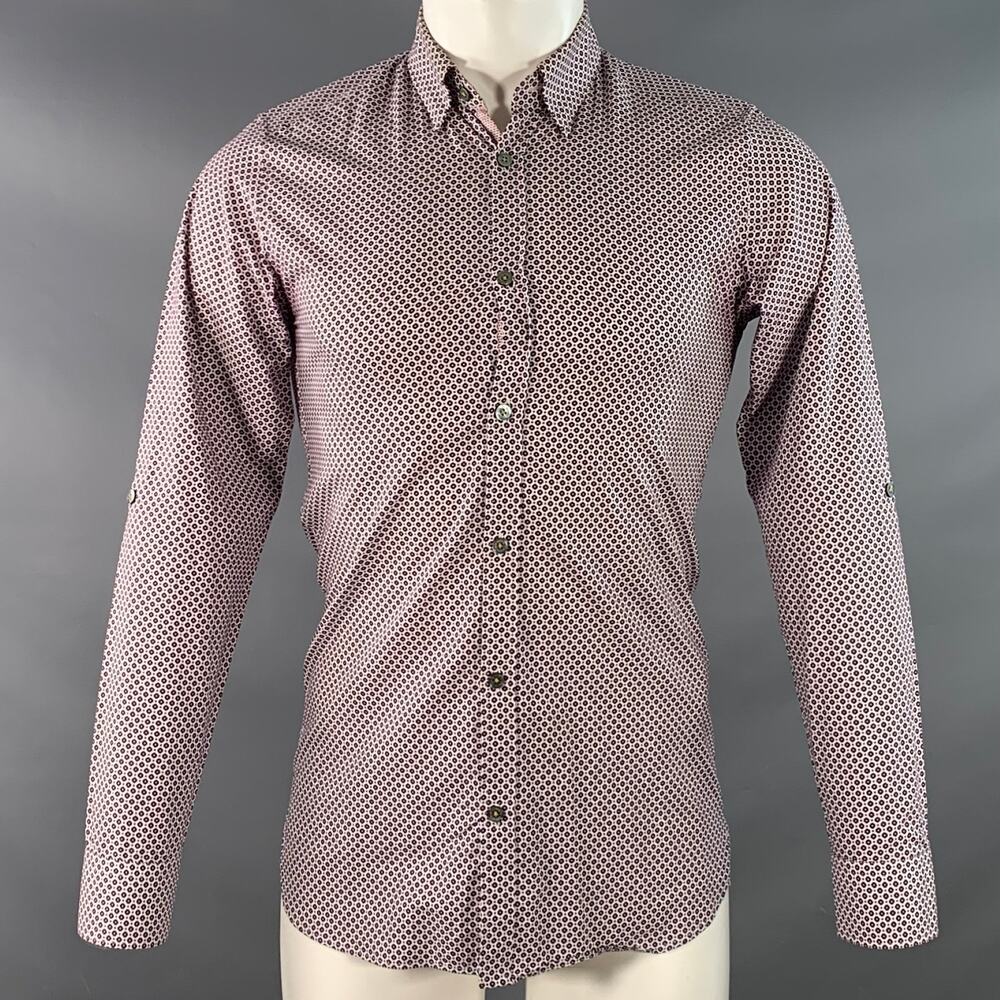 XS Nugate Burgundy White Abstract Floral Cotton Roll Tab Long Sleeve Shirt
